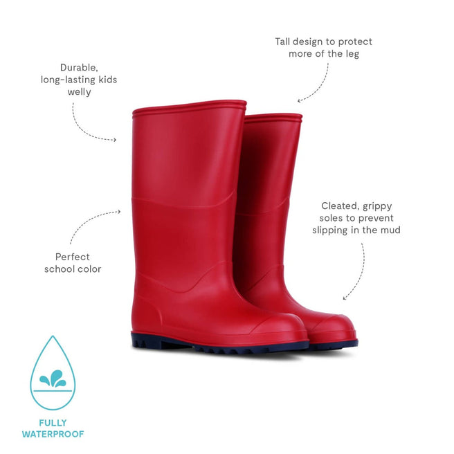A pair of red Classic Wellies are shown against a white background, their tall design promising leg protection from the elements.